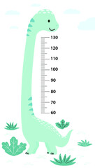 Meter wall or height chart with cute dinosaur. Children's poster. Decor for a children's playroom. Cute vector illustration in flat cartoon style.
