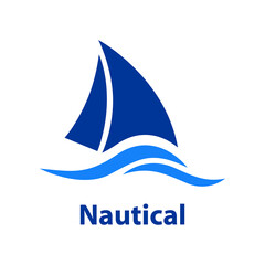 Beach holidays. Logo paseo en yate. Oce&aacute;no con olas y silueta de barco de vela simple con texto Nautical en color azul