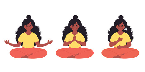 Black woman meditating in lotus pose. Healthy lifestyle, yoga, relax, breathing exercise. World yoga day. Hand drawn vector illustration