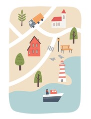 Cute town map for kids design. Hand drawn vector illustration. Baby poster with cartoon roads, city, lighthouse and sea. Nursery concept for bedding