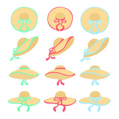 Women summer hat set. Summer collection icon. Flat vector illustration isolated on white background.