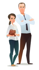 Family of Successful businessman. Cheerful persons in standing pose. Man and women in business shirt and tie. Cartoon comic style flat design. Illustration isolated on white background. Vector