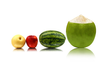 healthy fruit for  such as  watermelon with red apple and  fresh pear fruits and coconut on white background, Fresh fruits macro studio photo,  juicy fruit,