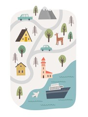Fototapeta premium Cute town map and sea for kids design. Hand drawn vector poster. Baby illustration with cartoon roads, nature, camping, forest, mountain and animals. Nursery concept for bedding