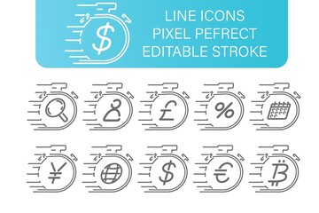 Stopwatch tine line icons set, with diferend little financial and business icons, editable stroke. pixel perfect