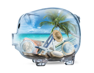 save for dream maldives beach with coco palm tree in a piggy bank with euro currency coins and...