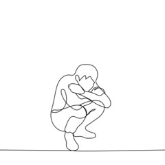 man sits cowering on his haunches - one line drawing vector. concept of loneliness, cold, sadnessman sits cowering on his haunches - one line drawing vector. concept of loneliness, cold, sadness