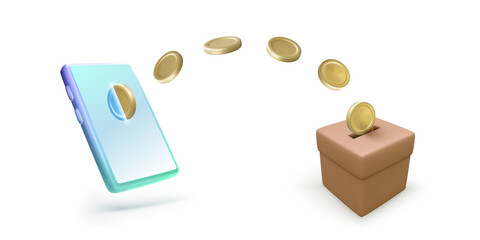 Falling gold coins from mobile phone to donation box isolated on white background. Banner or template for mobile app or online donation service