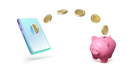 Mobile phone with flying gold coin and piggy bank. Saving money business template. Piggy bank concept of money deposit and investment for financial app or service
