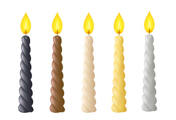Spiral candles with fire for birthday, romantic date, festive decoration, religion event. Twisted wax sticks with burning wick. Vector cartoon set of gold, silver, black and brown candles with flame