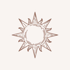 Sun symbol in boho style. Trendy geometric emblem. Modern abstract linear composition and graphic design element.