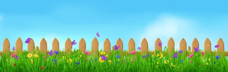 Deurstickers Summer meadow with fence, grass, flowers and butterflies. Vector illustration of spring landscape with wooden picket barrier, green plants, blossoms, flying insect and blue sky with clouds © PollyVa