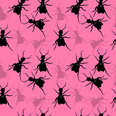 Seamless pattern with insects and silhouette on a pink background. Illustration for paper, textile oder background.