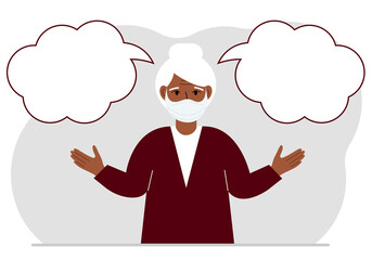 A grandmother with a medical mask is trying to make the right decision. Left and right are empty bubbles. Comparison of the two solutions.