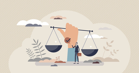 Social justice and equal rights for all society groups tiny person concept. Discrimination awareness and legal support for public community diversity tolerance vector illustration. Equal law scales. - obrazy, fototapety, plakaty