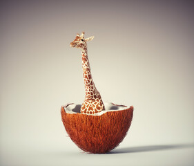 Giraffe inside a coconut.