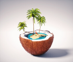 Half coconut with a tropical island inside. - obrazy, fototapety, plakaty