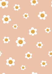 Groovy retro daisy flowers background. Groovy flowers seamless pattern. Groovy floral pastel wallpaper with flowers. Vintage retro 70s print. Pastel retro 80s cartoon paper. Vector illustration.