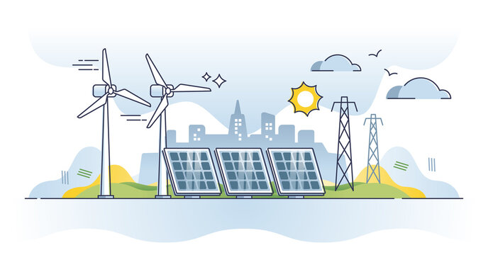 Sustainable energy generation with solar or wind sources outline diagram. Turbines or sun panels usage for environmental and ecological power production vector illustration. City electricity supply.