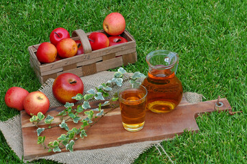 Korb mit roten Äpfeln und Apfelsaft auf einer Wiese. 