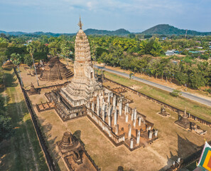 Aerial view of Wat Phra Sri Rattana Mahathat Rajaworaviharn temple and buddha in Si Satchanalai historical park, Thailand