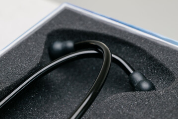 Medical stethoscope. Black medical stethoscope.The concept of healthcare.