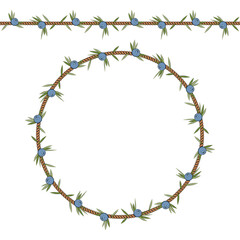 Seamless pattern and frame of the cord with juniper. Isolated objects on white.
