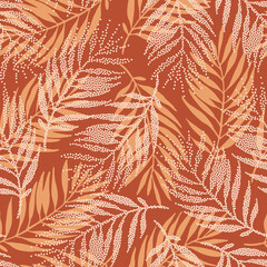 Tropical seamless pattern with dotted palm leaves silhouettes in retro colors - 503666369