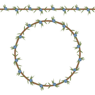 Seamless pattern and frame of the cord with juniper. Isolated objects on white.
