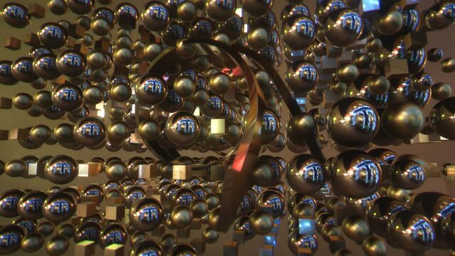 Animazine 3D di sfere colore metallo e frecce in movimento