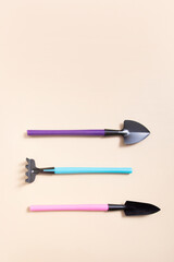 Shovels and rakes for gardening. flat lay. The concept of spring planting