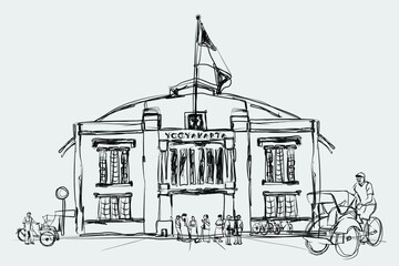 Black and white sketch of Yogyakarta train station. vector illustration