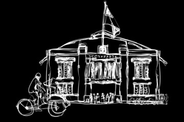 Black and white sketch of Yogyakarta train station. vector illustration