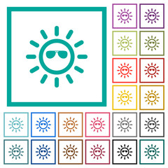 Sun with sunglasses flat color icons with quadrant frames