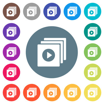 Play files solid flat white icons on round color backgrounds