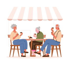 A group of pensioners drink coffee in a cafe. Friendship and relationships in old age. Vector illustration.