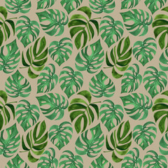 Colorful tropical pattern. Abstract illustration. Watercolor style texture. Decorative textile seamless pattern. Design element. Green leaves. Repeat ornament.