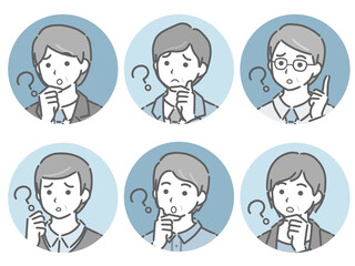 疑問に思う中年男性の斜め向き丸アイコンセット