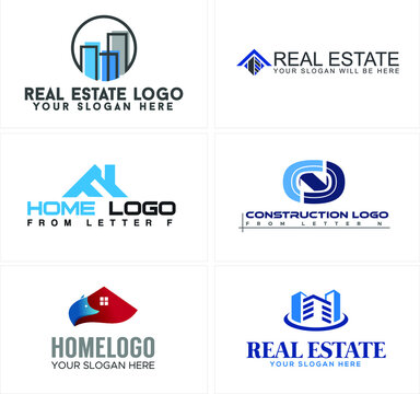A set of illustration real estate logo with various kinds symbol such as line art building, home roof, initial letter N icon vector construction design. Isolated on white background