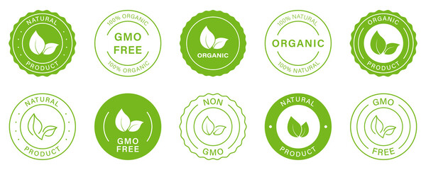 Gmo Free Silhouette Icon. Non Gmo, Vegan Food Glyph Green Badge. Healthy Symbol Set. Organic Bio Product Label. 100 Percent Ecology Natural. Eco Stamp Logo. Isolated Vector Illustration - obrazy, fototapety, plakaty