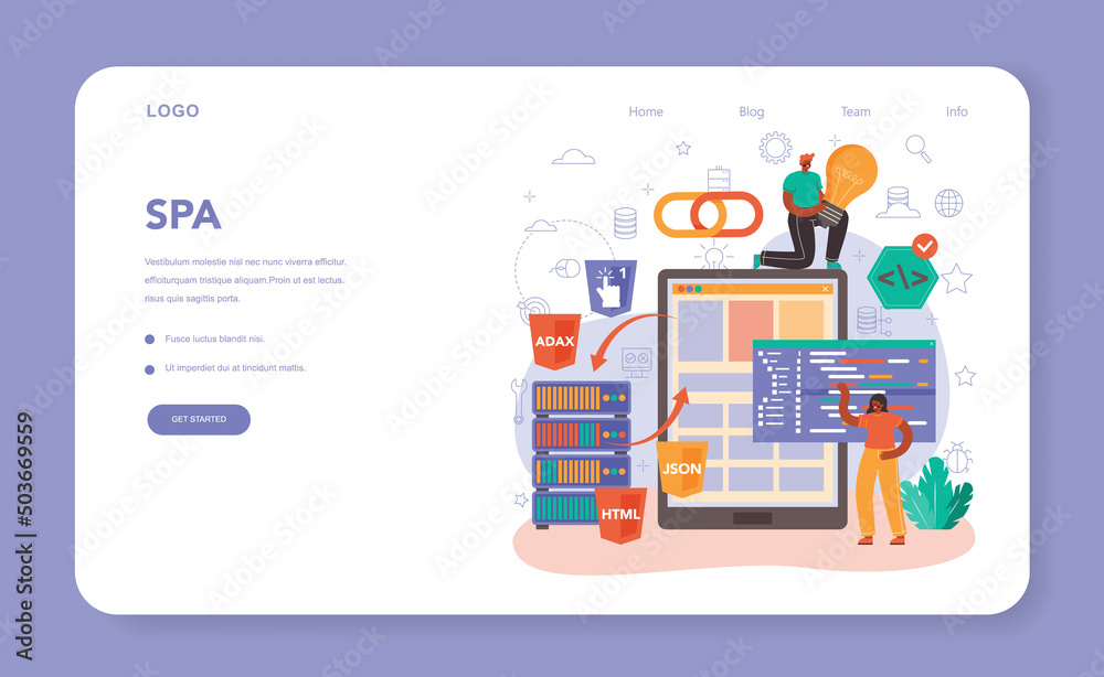 Poster front end developer web banner or landing page. single-page app interface