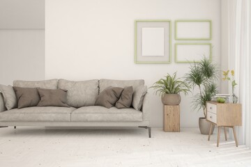 White living room with sofa. Scandinavian interior design. 3D illustration