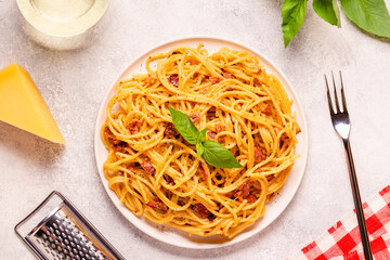 Homemade сarbonara pasta with pancetta, egg, hard parmesan cheese and cream sauce