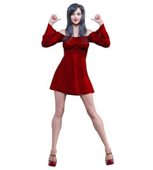 Beautiful brunette woman red short dress.