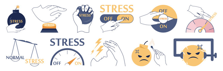 Stress concept set. Depression and fear, emotional frustration. Mental disorder