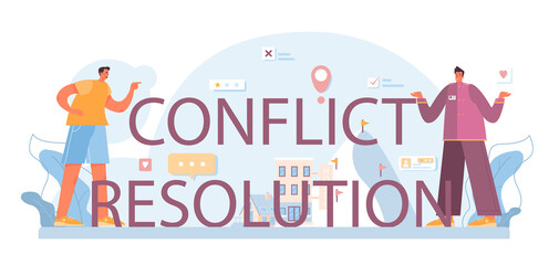 Conflict resolution typographic header. Vacation organization agency.