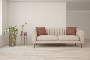 White living room with sofa. Scandinavian interior design. 3D illustration