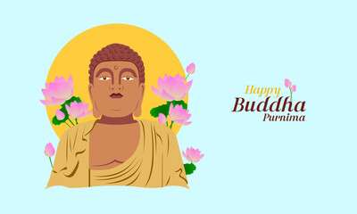  Happy Buddha Purnima, Vesak Day wishes greetings with a buddha and lotus vector illustration. Can be used for posters, banners, greetings, and print design.