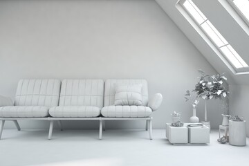 Mock up of minimalist living room in white color with sofa. Scandinavian interior design. 3D illustration