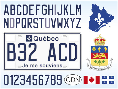 Quebec car license plate, Canada, letters, numbers and symbols, vector illustration